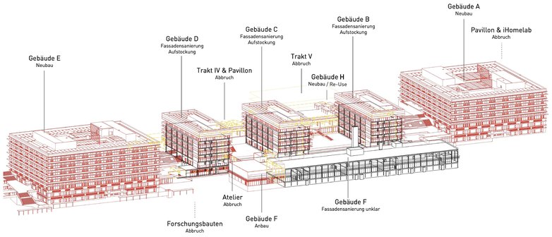Axonometrie Neubau Abbruch Bestand Neuer Campus