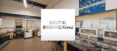 Schriftzug Digital Engineering, in Hintergrund Labor