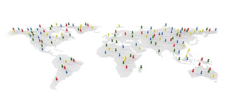 Bild zeigt die Weltkarte mit all unseren Partnerschulen als Pins.