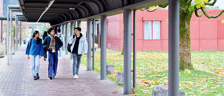 Drei Studierende sprechen miteinander gehend auf der Passerelle des Campus Horw
