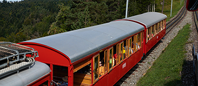 Roter Panoramazug fährt auf einer Bergstrecke durch eine grüne Waldlandschaft, mit Blick auf Hügel und Bäume unter blauem Himmel.