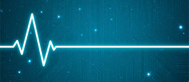 Leuchtende, stilisierte Pulslinie auf blauem, digitalem Hintergrund mit feinen Schaltkreis-Mustern