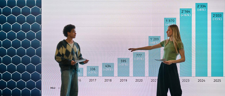 Two young researchers presenting a bar chart.