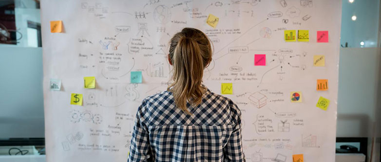 Frau vor beschriebenem Whiteboard mit Post-Its