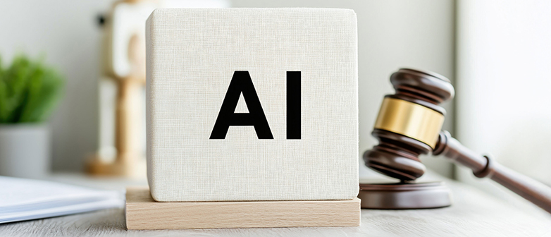 Gerichtshammer und ein Block mit dem Begriff AI