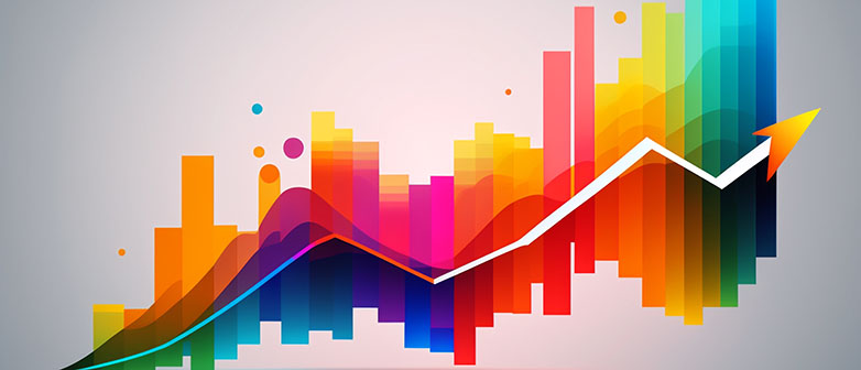 Abstrakte, farbenfrohe Grafik mit steigenden Balken und einer weißen, nach oben verlaufenden Linie, die Wachstum und positive Entwicklung symbolisiert.