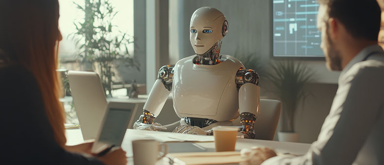Roboter leitet Meeting in einem Office mit zwei anderen Personen
