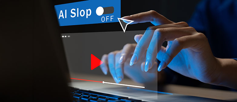 Person schaltet den „AI Slop“-Filter auf einem Laptop aus, um minderwertige KI-Inhalte zu deaktivieren.