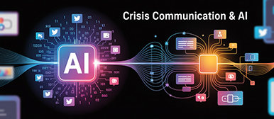 Visualisierung von AI und Krisenkommunikation mit verschiedenen Symbolen von Social Media und Digitaler Welt