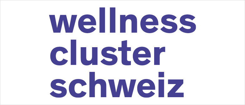 Logo Wellness Cluster Schweiz blaue Schrift auf weissem Grund