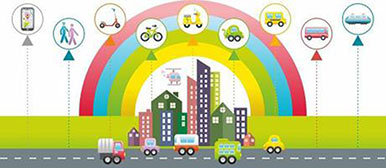 Illustration mit Häusern, Strasse, Regenbogen und Icons