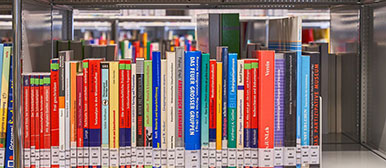 Verschieden farbige Bücher in einem Bibliotheksregal