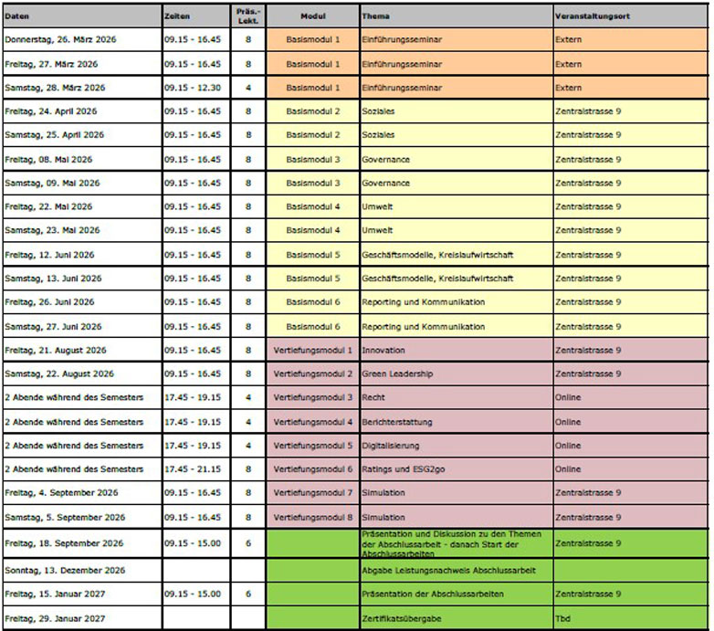 Terminplan CAS Sustainable Management für die Durchführung 2026